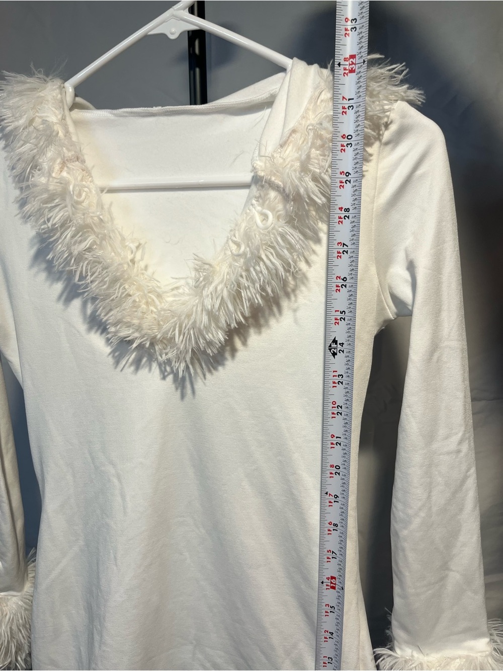 festive Y2K white long-sleeve bodycon Hooded Fur Mini dress SZ S - Picture 5 of 6
